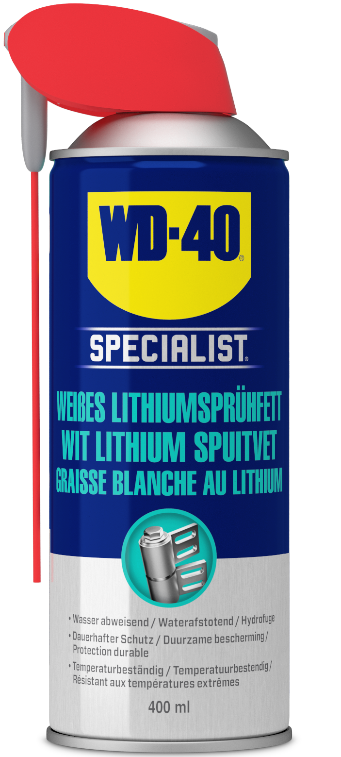 WD 31390 WD-40 Specialist Wit Lithium Spuitvet is uitstekend geschikt voor metaal-op-metaal en lastdragende toepassingen toepassingen die langwerkende en intensieve smering en bescherming vereisen.